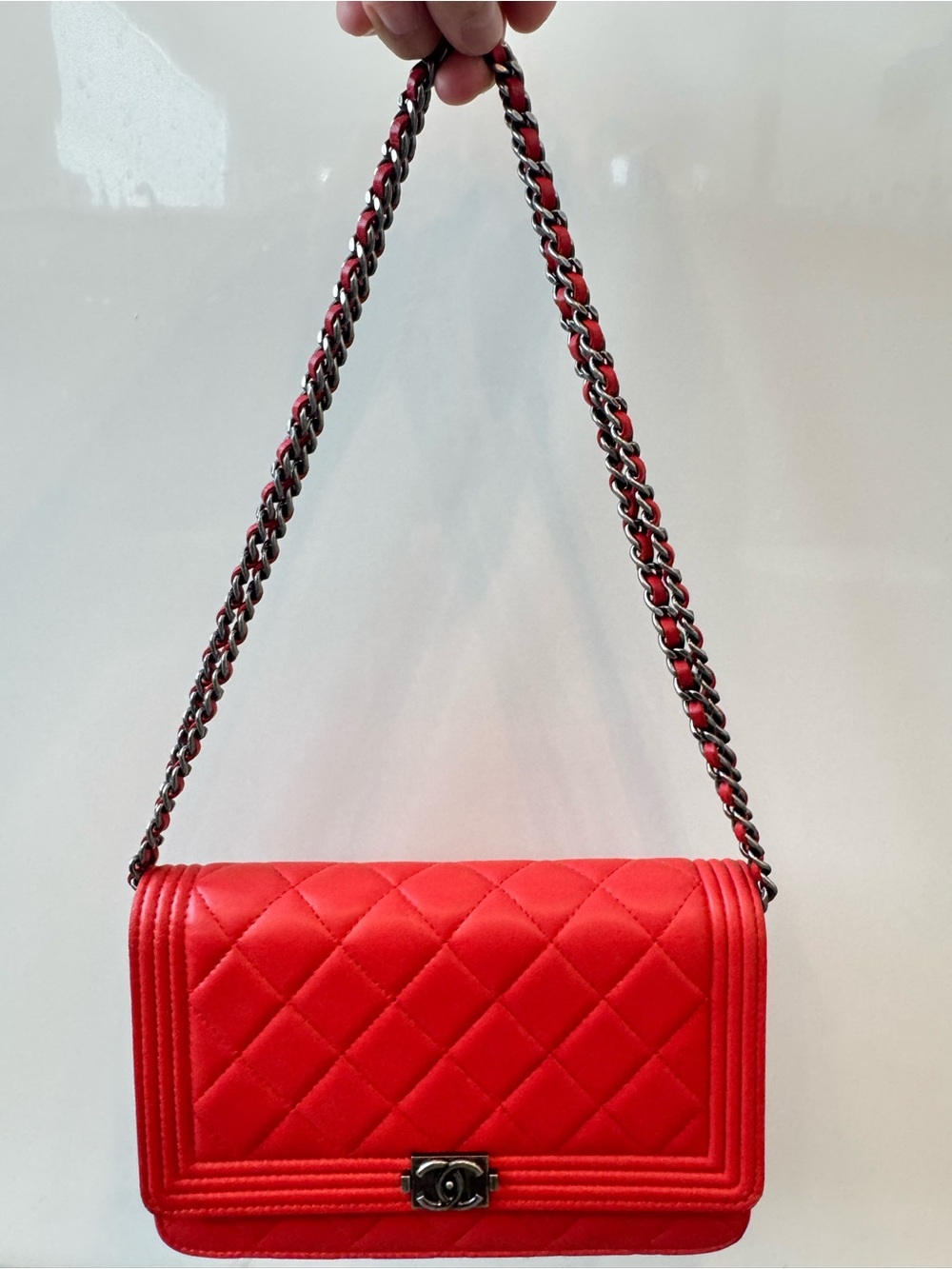 Chanel Lambskin Quilted Boy Wallet On Chain WOC Orange Red